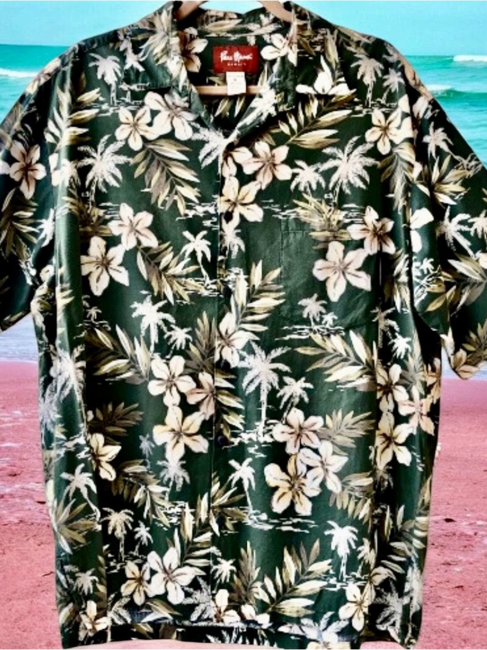Pau Hana Hawaiian Shirt Green Vintage Button Up Palms Hibiscus